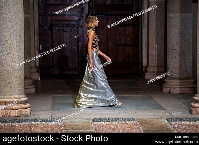 Model on the catwalk during the Genny fashion show. Milan Fashion Week Women's Spring Summer 2022 Collection. Milan (Italy), September 23rd, 2021