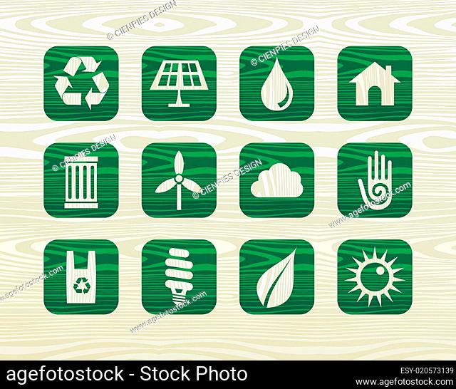 Environmental green icons in organic wood