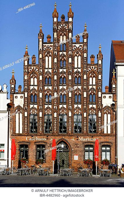 Market Square with cafe, gabled house in historic brick Gothic, Greifswald, Mecklenburg-Western Pomerania, Germany