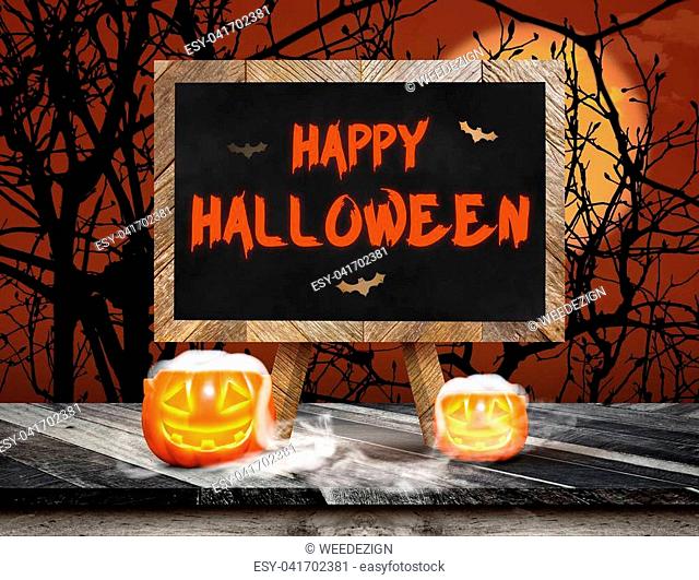Happy Halloween on blackboard with easel on grunge plank wooden and pumpkin with smoke on table top at spooky dead tree and full moon, Halloween invitation card