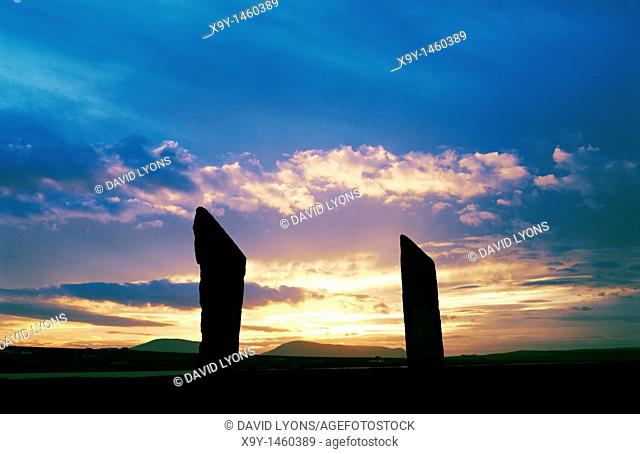 Stones of Stenness, Orkney, Scotland, UK  Two of the prehistoric stone circle stones at sunset