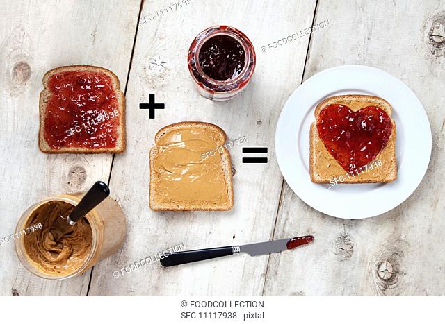 Jars of Peanut Butter and Jelly with Peanut Butter and Jelly on Slices of Bread, Heart Jelly on Peanut Butter Bread