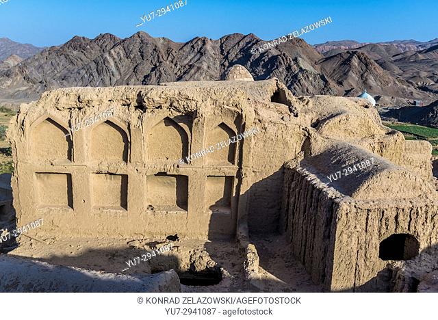 Mud bricked buildings in old, abandoned part of Kharanaq village in Ardakan County, Yazd Province, Iran