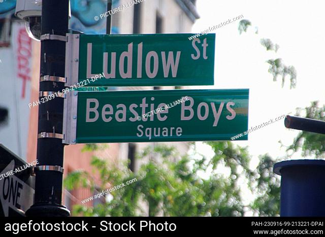 15 September 2023, USA, New York: The intersection of Ludlow Street and Rivington Street in New York, now named after the Beastie Boys