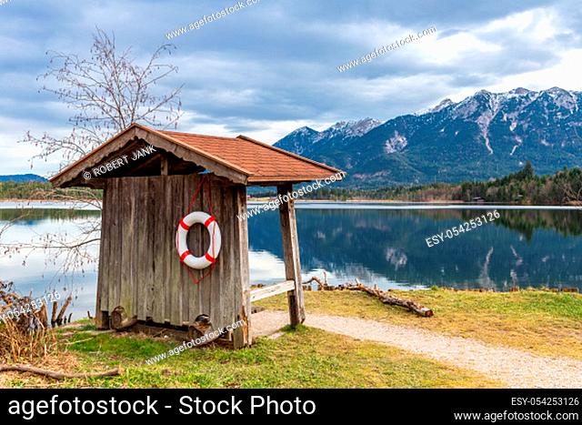 Bathing hut at Lake Barmsee, Bavaria, Germany