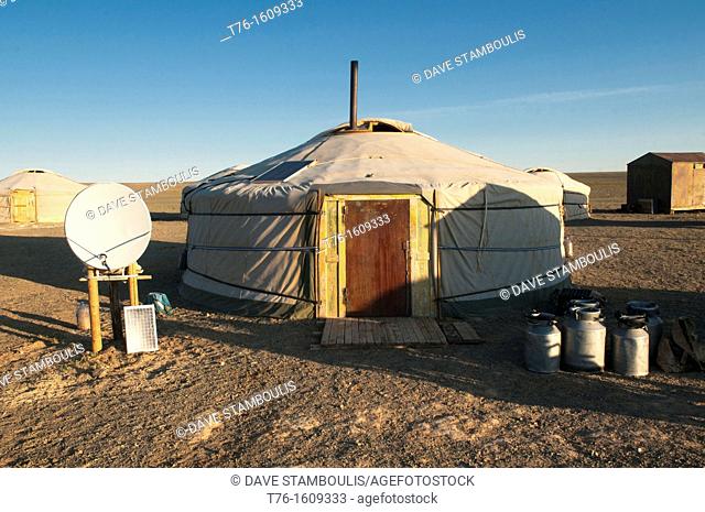 nomadic gers at sunrise in the Gobi Desert of Mongolia