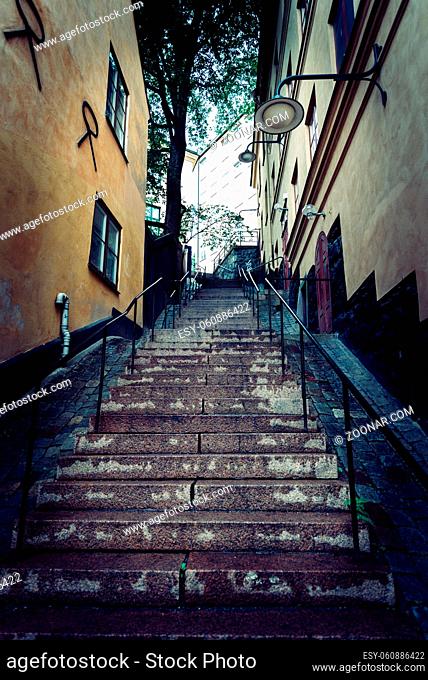 Picturesque steps with colorful houses in Ugglan quarter in Sodermalm, Stockholm, Sweden