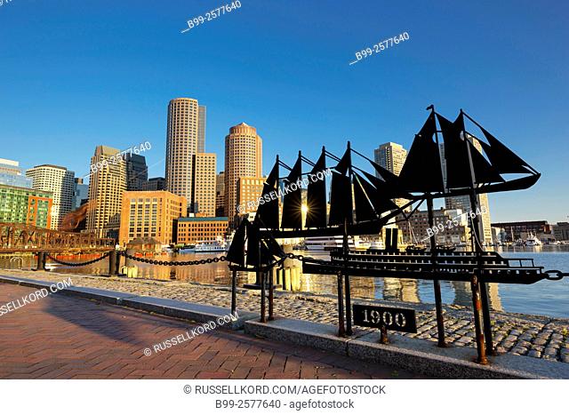 Historic Ship Sculptures Fan Pier Harborwalk Rowes Wharf Downtown Skyline Inner Harbor South Boston Massachusetts Usa