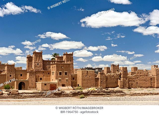 Kasbah Amerhidil, Tighremt or Berber residential castle made from rammed earth in a dry river bed at Skoura, Lower Dades Valley, Kasbahs Route, southern Morocco