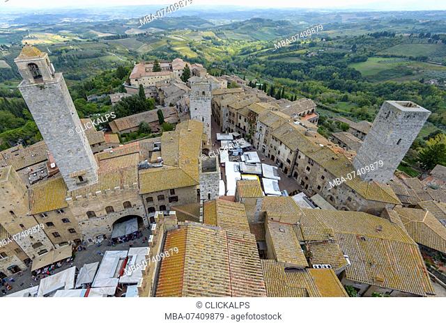 San Gimignano seen from the Podestà tower. Italy, Tuscany, Siena district