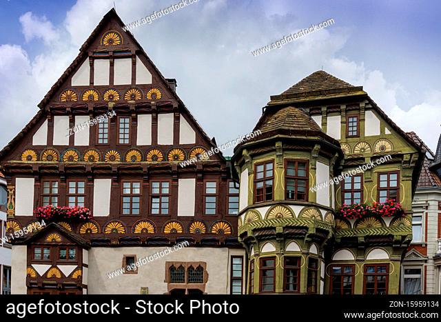 Hoexter, NW / Germany - 2 August 2020: beautiful old hlf-timbered houses in Hoexter on the Weser in the Weser Renaissance style