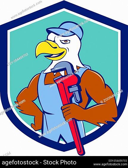 Illustration of an american bald eagle plumber wearing hat holding monkey wrench looking to the side set inside shield crest done in cartoon style