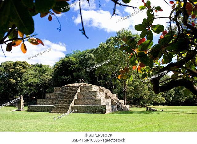 Honduras, Copan Ruins, Mayan Archaelogical Site, View Of Great Plaza, Tourists On Top Of Mayan Pyramid