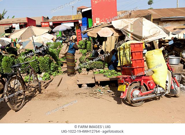 Busy roadside in Ugandan town, with market stalls and tradesmen. (Photo by: Wayne Hutchinson/Farm Images/UIG)