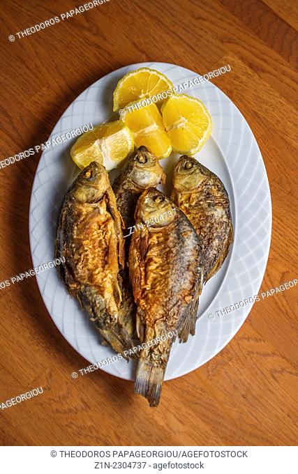 A traditional Greek food dish with Red snapper and lemons. Peloponnese, Greece