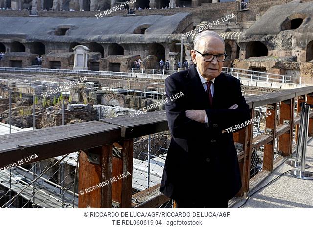 Italian composer and Academy Award winner Ennio Morricone receives the 'Presidio Culturale Italiano' award at the Coliseum in Rome , ITALY-06-06-2019