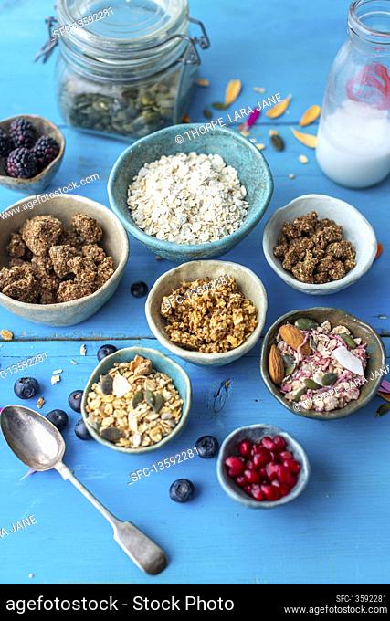 Ingredients for a healthy breakfast with granola