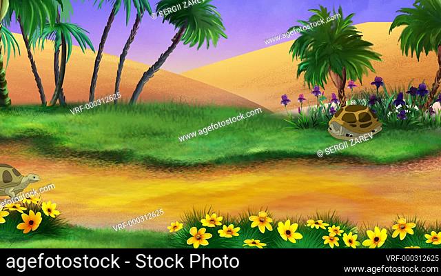 Big brown turtle and her cub walks in the oasis on a sunny summer day. Handmade 2D animation