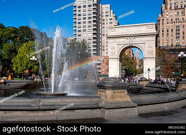 New York City - USA - Oct 23 2019: Fall foliage color of Washington Square Park near NYU in Lower Manhattan