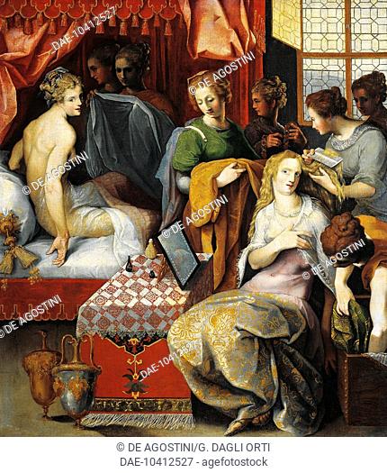 The awakening and dressing of a lady, ca 1602, by Toussaint Dubreuil (1561-1602), oil on canvas, 107x96, 5 ??cm.  Paris, Musée Du Louvre