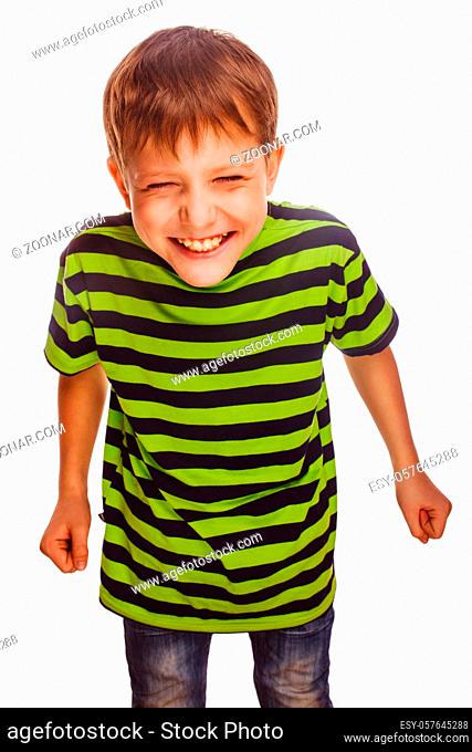 young teenage boy in green t-shirt fun carefree laugh isolated on white background