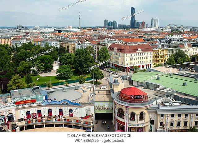 Vienna, Austria, Europe - Overview from the Wiener Prater big wheel of the Stuwerviertel district looking towards Donaucity with the DC Tower I