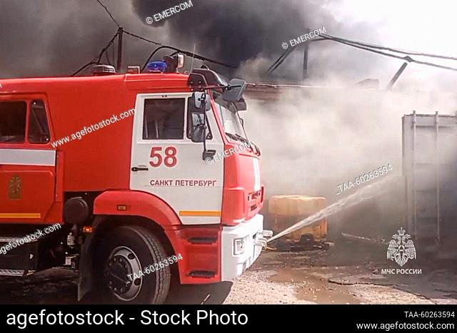 RUSSIA, ST PETERSBURG - JULY 5, 2023: A fire engine battles a tyre warehouse fire in Frunzensky District. Spreading to an area of 3, 500sqm