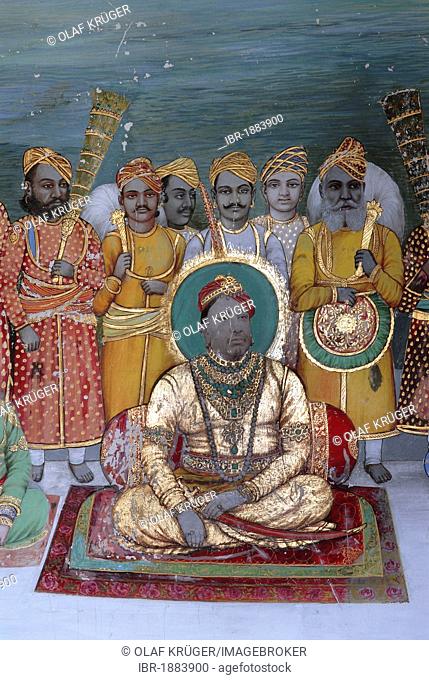Maharaja of Dungarpur giving an audience with his entourage, Juna Mahal, ancient palace of Dungarpur, Rajasthan, India, Asia