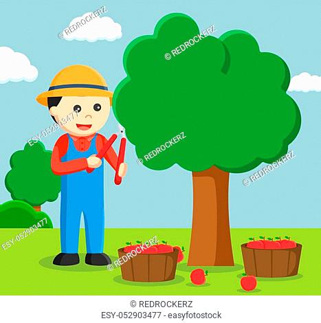 farmer pruning apple tree
