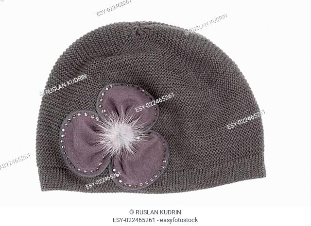 Female gray knitted cap with ornament