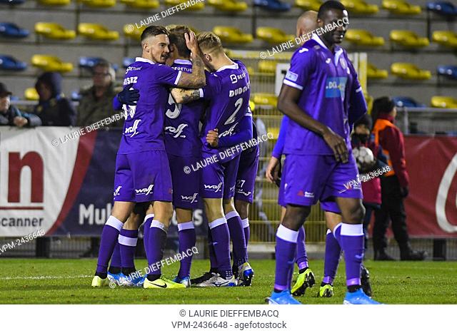 Beerschot's Alexander Maes celebrates after scoring during a soccer game between Royale Union Saint-Gilloise and Beerschot Voetbalclub Antwerpen
