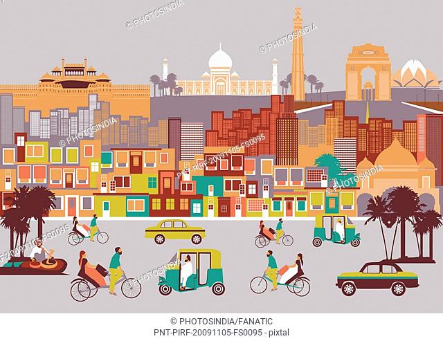 City with montage of landmarks, New Delhi, India