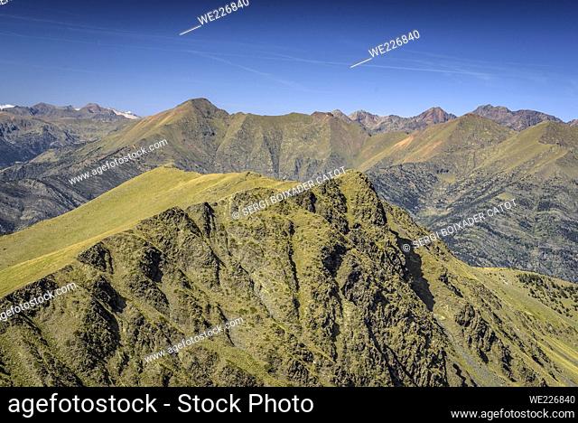 Mountain views seen from the summit of the Bassiets peak, in the Alt Pirineu Natural Park (Pallars SobirÃ , Catalonia, Spain, Pyrenees)