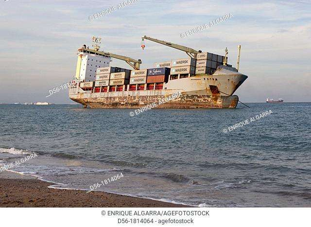 Container Ship Washed Up on Beach, El saler Beach, Valencia, Spain