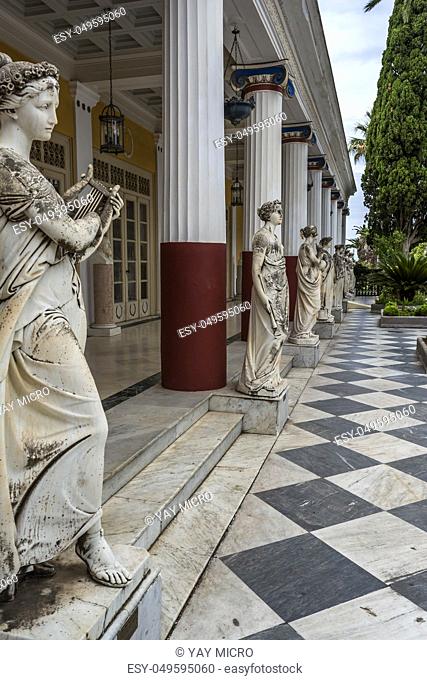 Achilleion palace, Corfu, Greece - August 24, 2018: Statues of the nine muses at Achilleion Palace, island of Corfu. Achilleion was built by Empress Elisabeth...