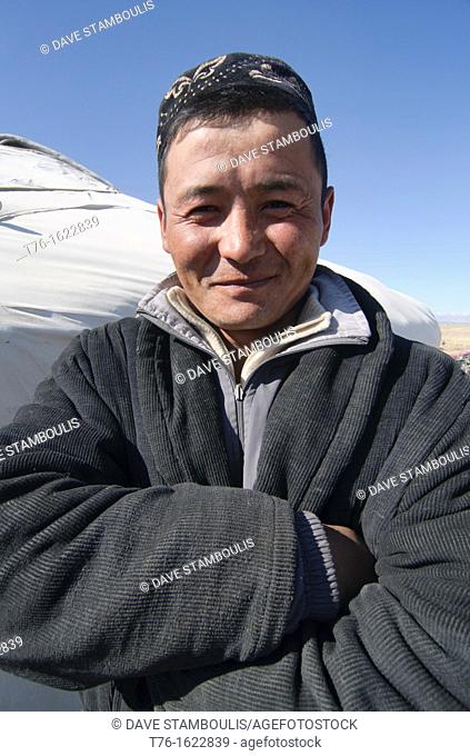 portrait of a Kazakh eagle hunter in the Altai Region of Bayan-Ölgii in Western Mongolia