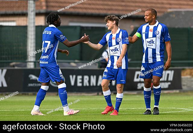 Gent's Robbie Van Hauter celebrates after scoring during a friendly game between KSC Dikkelvenne and first division soccer team KAA Gent