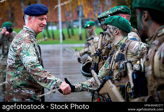 King Philippe - Filip of Belgium pictured during a royal visit to the King Albert military camp in Marche-en-Famenne, as part of his traditional working visits...