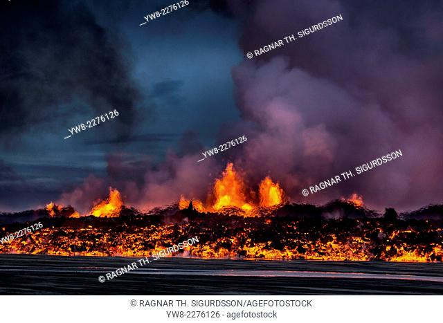 Glowing lava from the eruption at the Holuhraun Fissure, near the Bardarbunga Volcano. August 29, 2014 a fissure eruption started in Holuhraun at the northern...