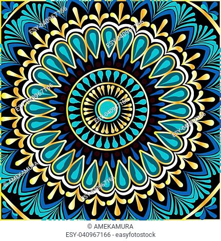 Drawing of a floral mandala in gold, blue and turquoise colors on a black background. Hand drawn tribal vector stock illustration