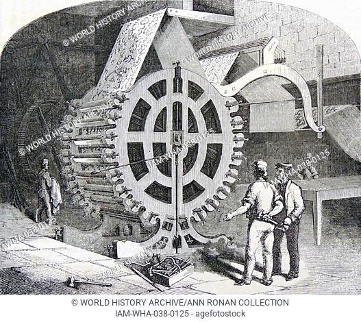 Calico printing: cylinder machine by Mather & Platt, normally used to print in 18 colours but capable of printing in 20. Engraving, London, 1860