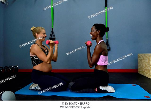 Two happy women doing fitness exercises with dumbbells in a gym