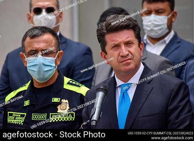 Police Major general Jorge Luis Vargas (Left), Colombia's minister of defense Diego Molano (Speaking) talk to the press after Colombia's summit for citizen...