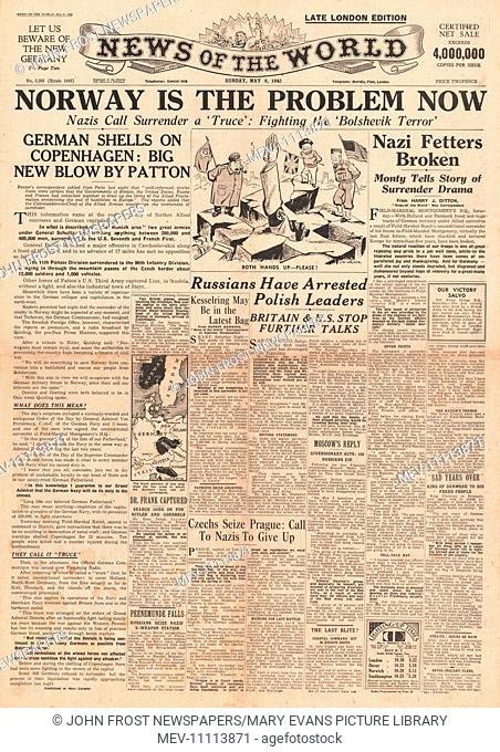 1945 News of the World front page reporting German Forces Offer to Surrender in Norway and German Navy shells Copenhagen