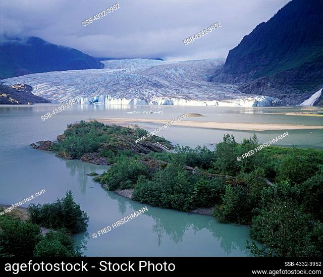 View of Mendenhall Lake, Mendenhall Glacier and Nugget Creek Falls from the Mendenhall Visitor Center, Tongass National Forest, Alaska