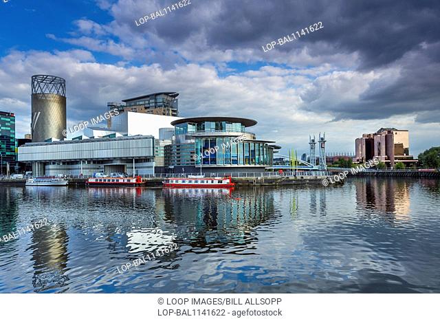 Salford Quays theatre seen across the basin