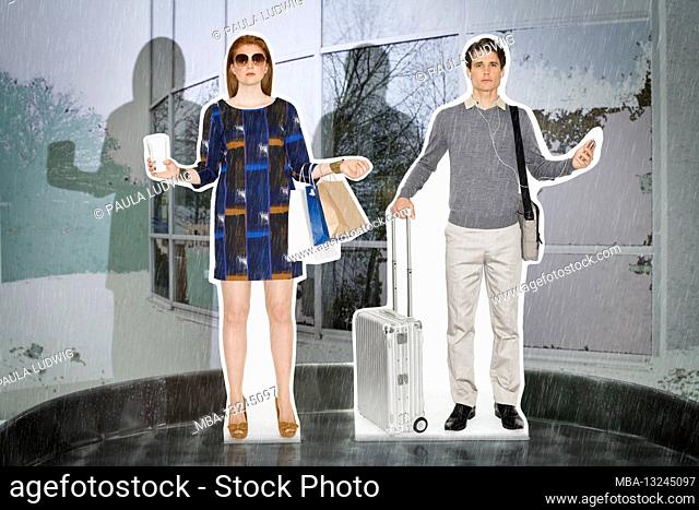 Photo collage, man and woman, cut-out figures, in city outfit, with suitcase and shopping bags, mini dress, gray pants and sweater
