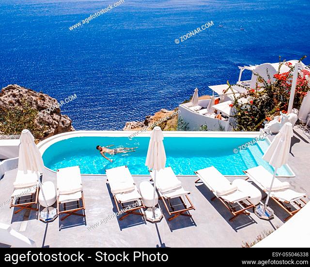 Oia Santorini Greece 15 September 2017, luxury hotels with infinity pool at the Greek Island Santorini Europe