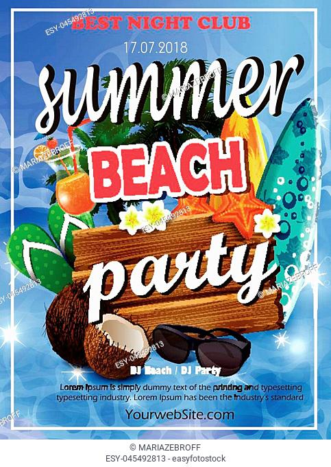 Vector Summer Beach Party Flyer Design with typographic elements on wood texture background.vector illustration