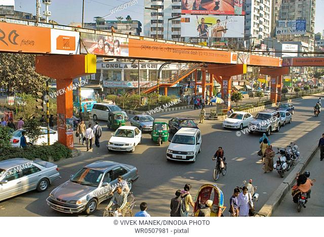 Traffic on road foot over bridge Mirpur road , Dhanmondi , Dhaka , Bangladesh